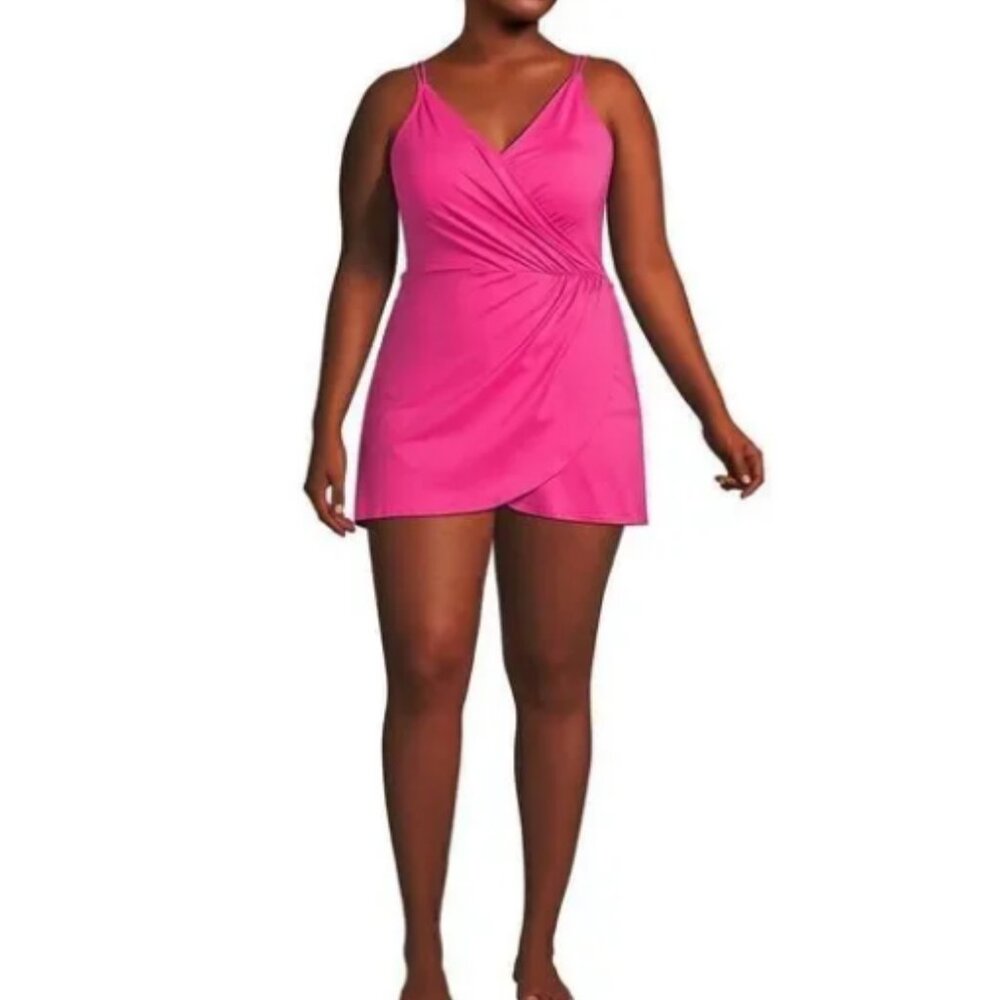 NWOT Lands' End Tulip Wrap Hot Pink One Piece Swim Dress Size Large D Cup